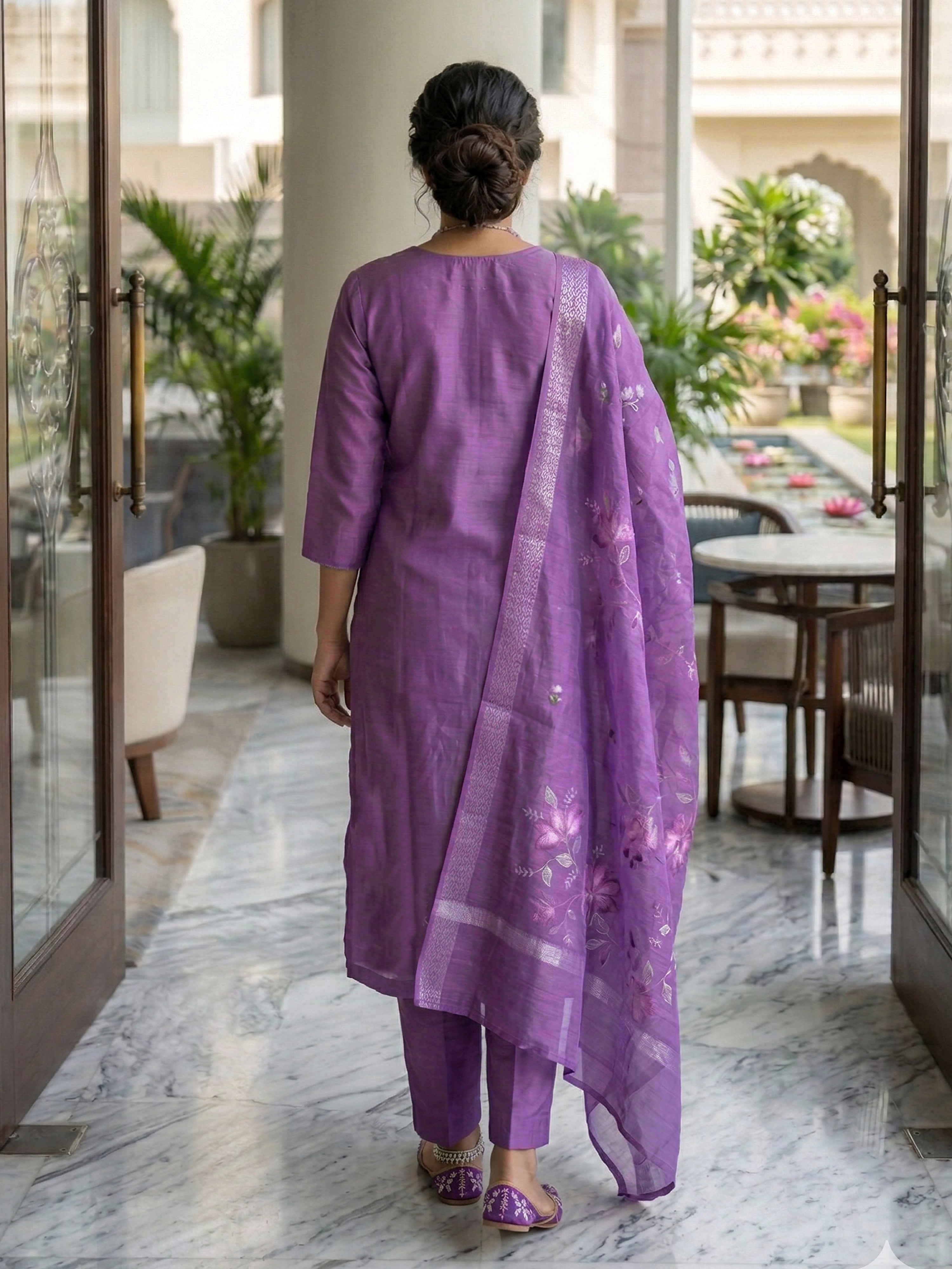 Purple Roman Silk Embroidery Salwar Suit with Floral Print Dupatta Set For Women's