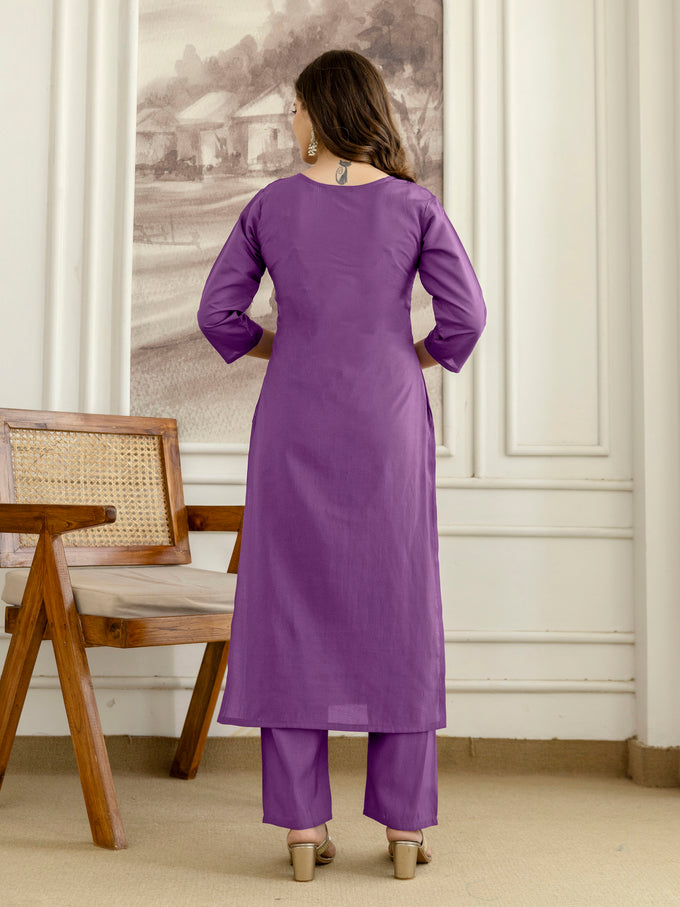 Purple Roman Silk Embroidery Salwar Suit with Floral Print Dupatta Set For Women's