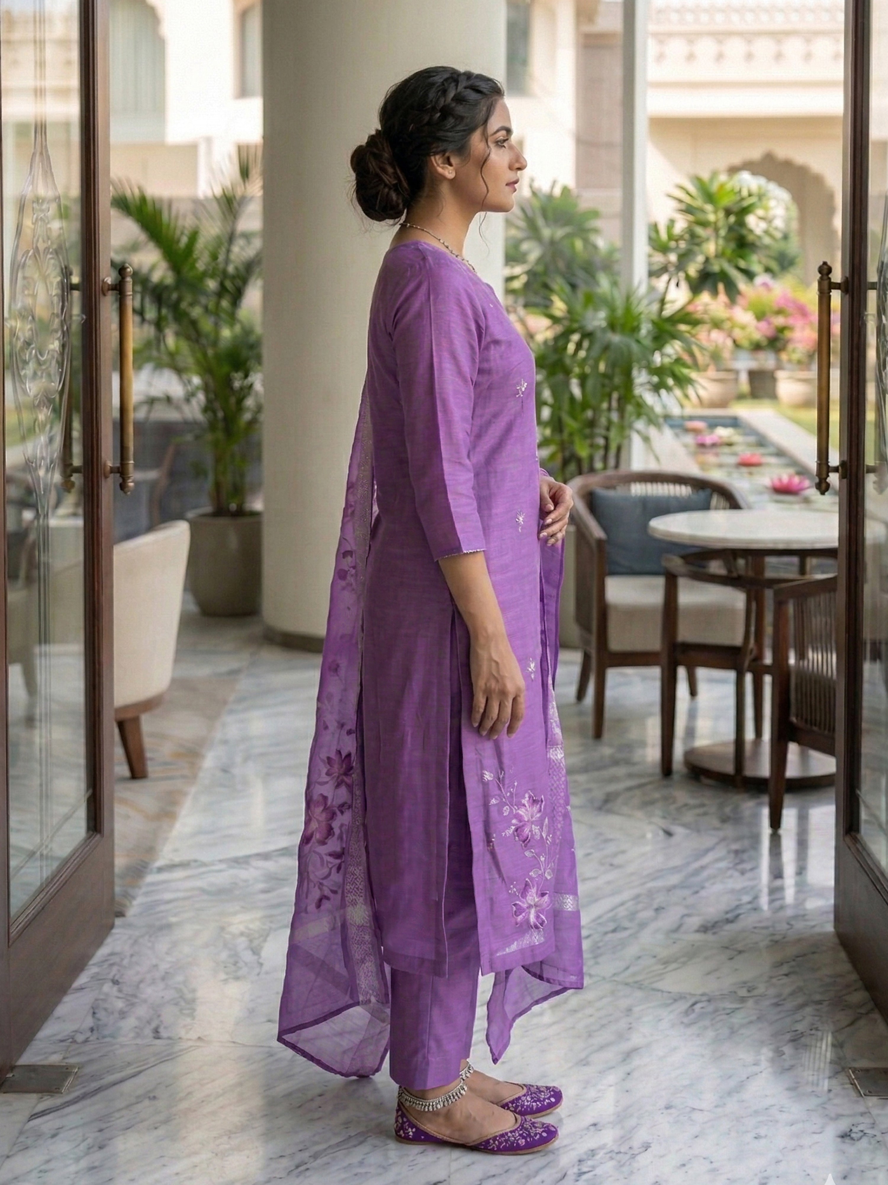 Purple Roman Silk Embroidery Salwar Suit with Floral Print Dupatta Set For Women's
