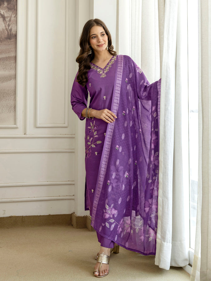 Purple Roman Silk Embroidery Salwar Suit with Floral Print Dupatta Set For Women's