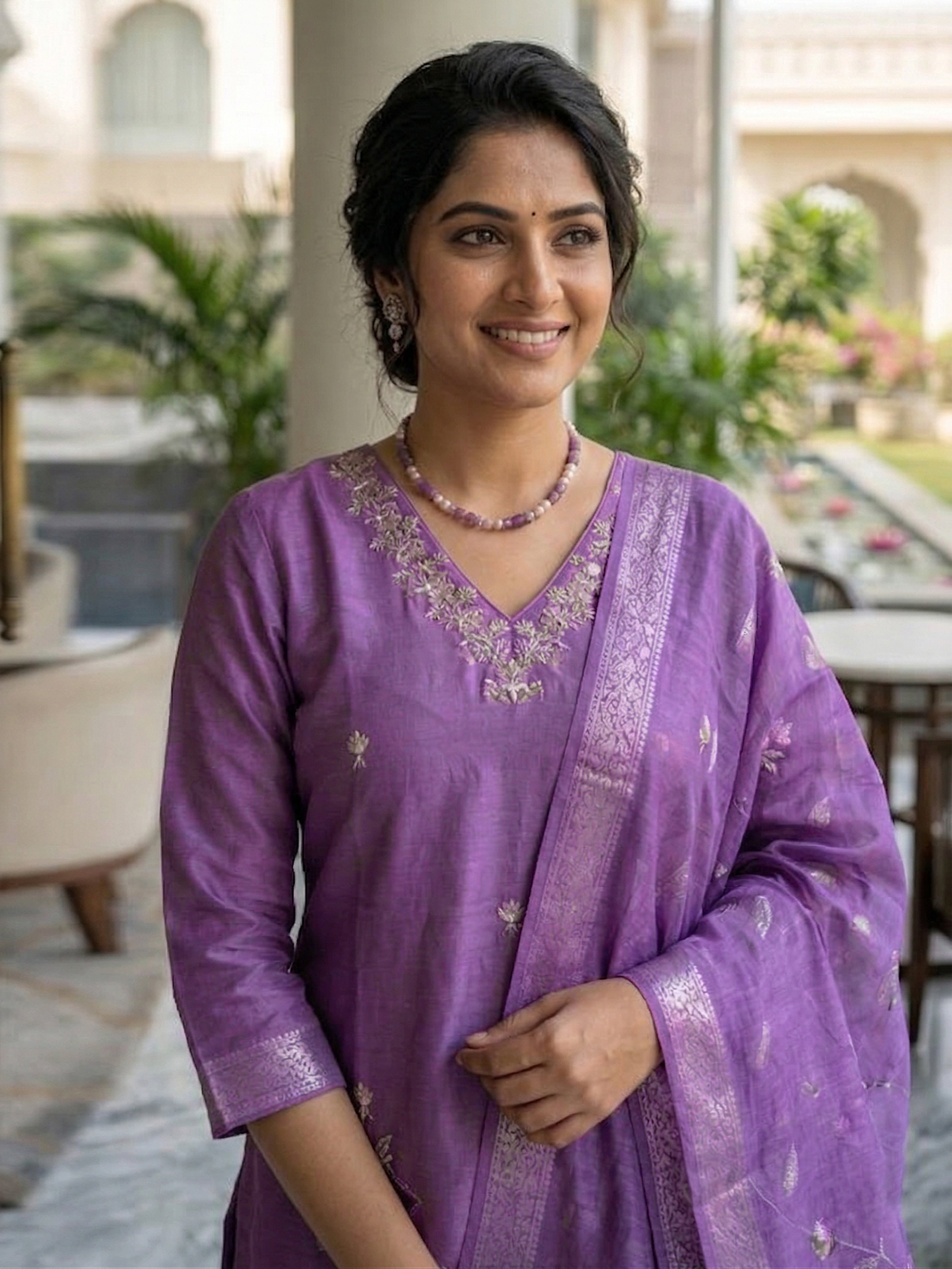 Purple Roman Silk Embroidery Salwar Suit with Floral Print Dupatta Set For Women's