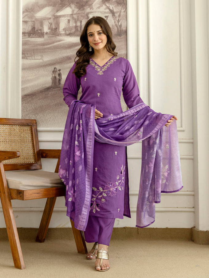 Purple Roman Silk Embroidery Salwar Suit with Floral Print Dupatta Set For Women's