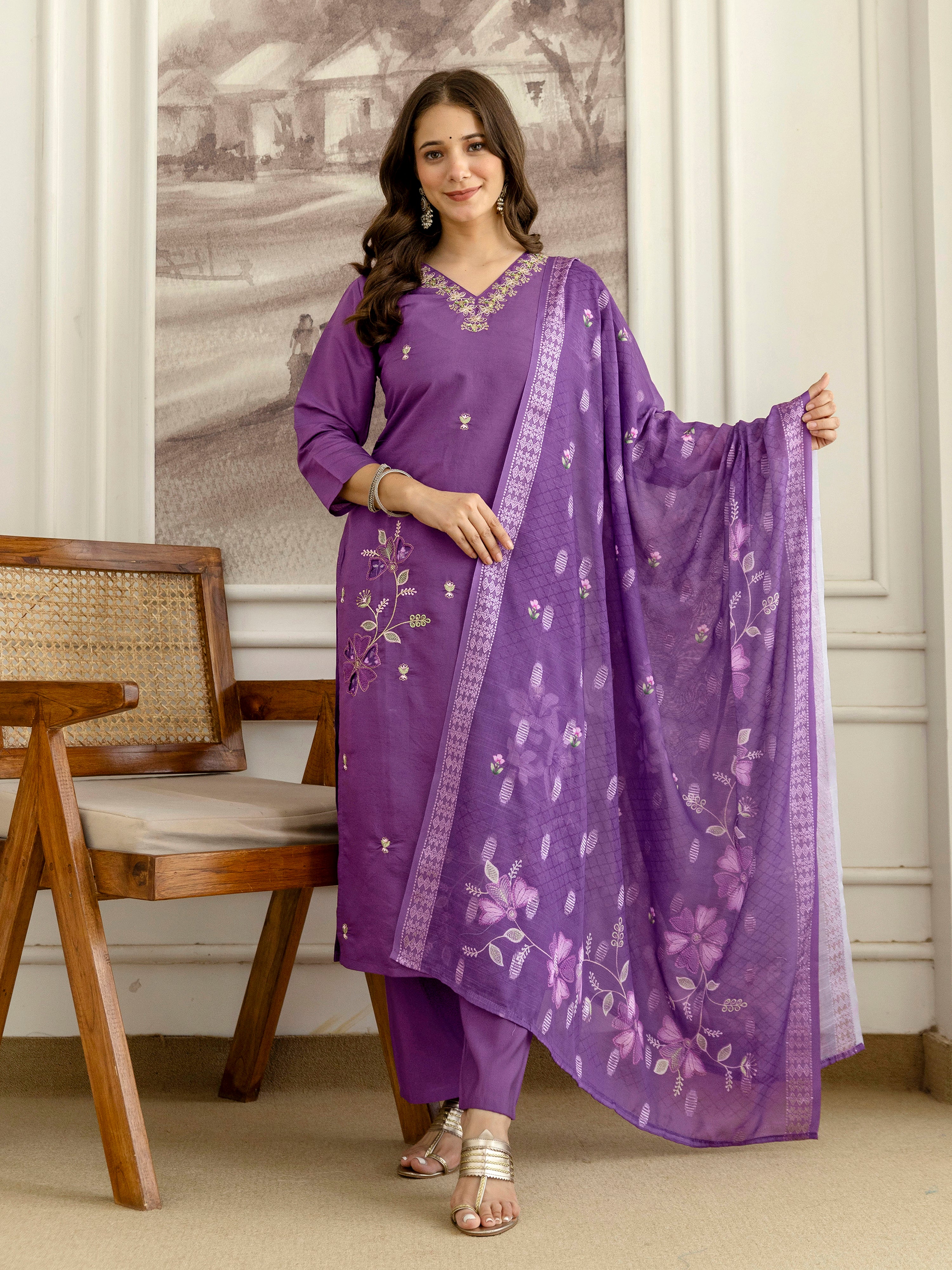 Purple Roman Silk Embroidery Salwar Suit with Floral Print Dupatta Set For Women's