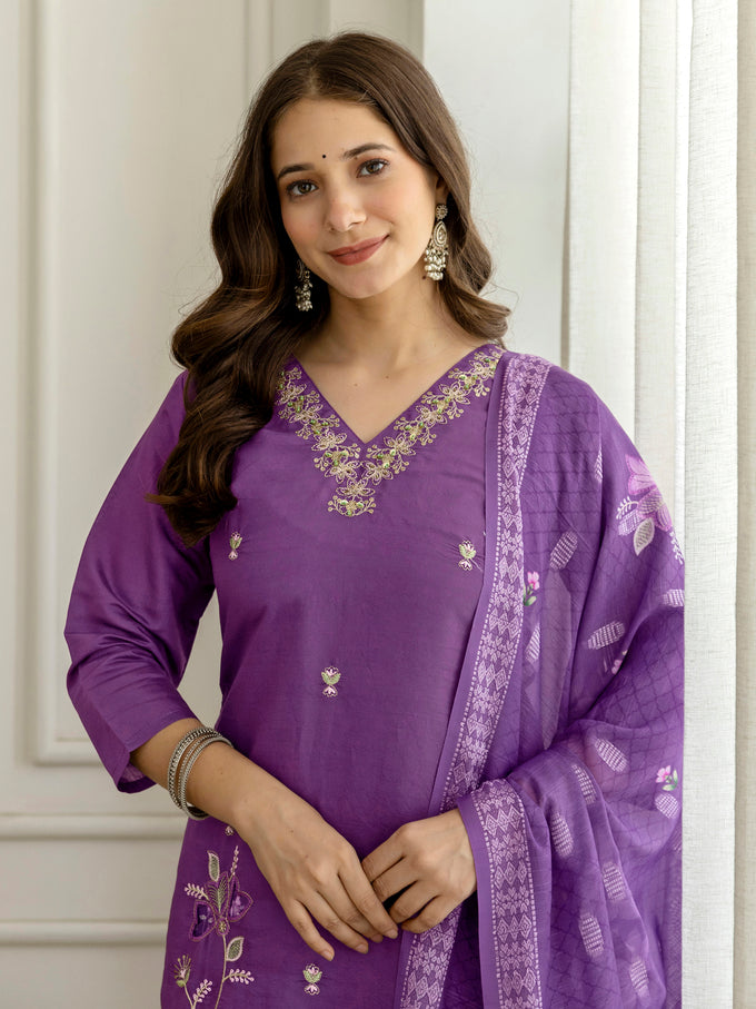 Purple Roman Silk Embroidery Salwar Suit with Floral Print Dupatta Set For Women's