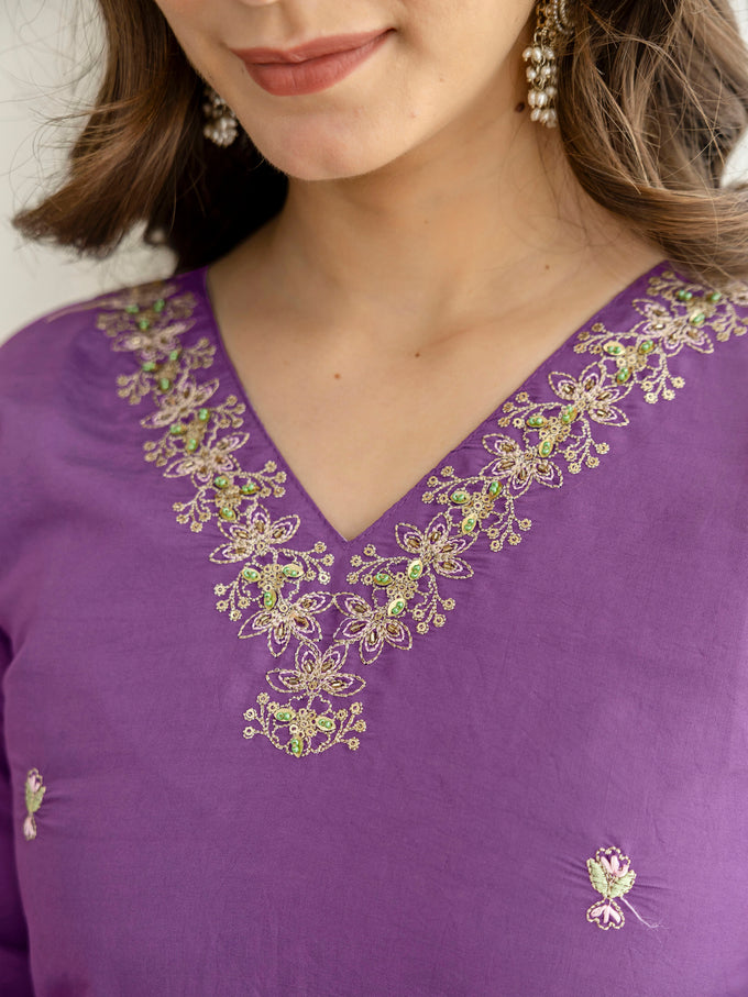 Purple Roman Silk Embroidery Salwar Suit with Floral Print Dupatta Set For Women's