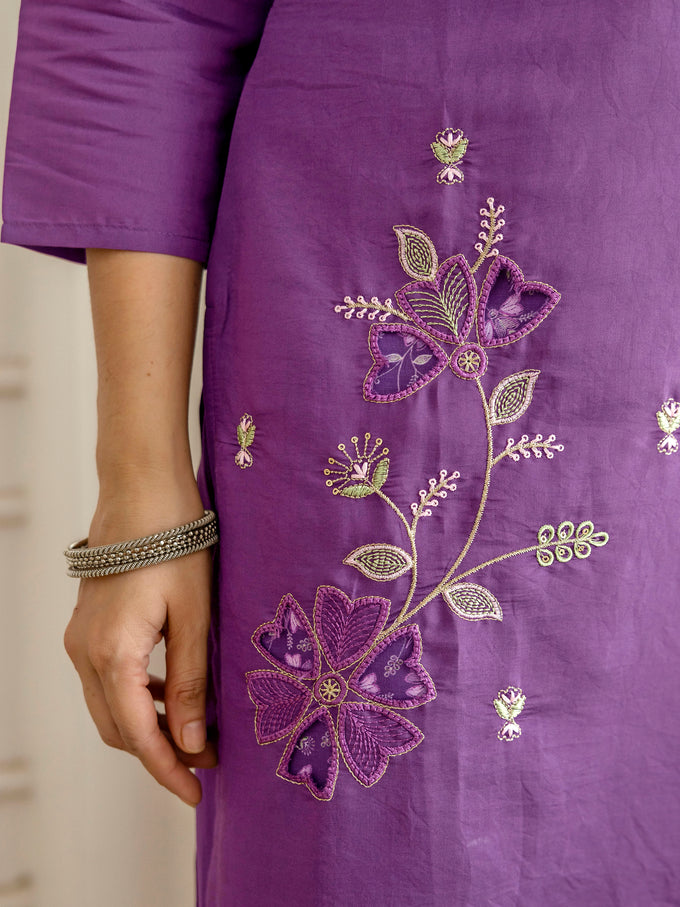 Purple Roman Silk Embroidery Salwar Suit with Floral Print Dupatta Set For Women's