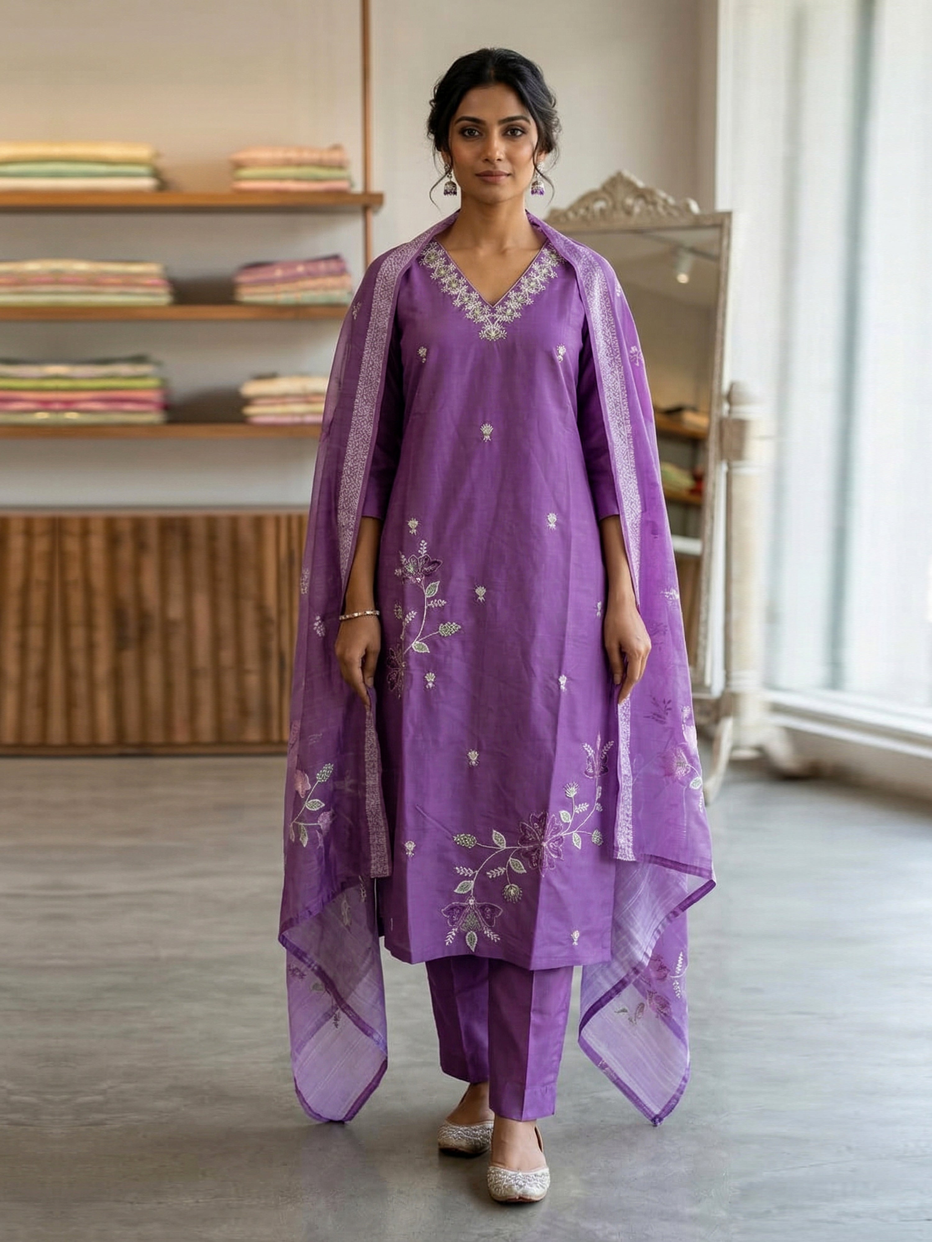 Purple Roman Silk Embroidery Salwar Suit with Floral Print Dupatta Set For Women's