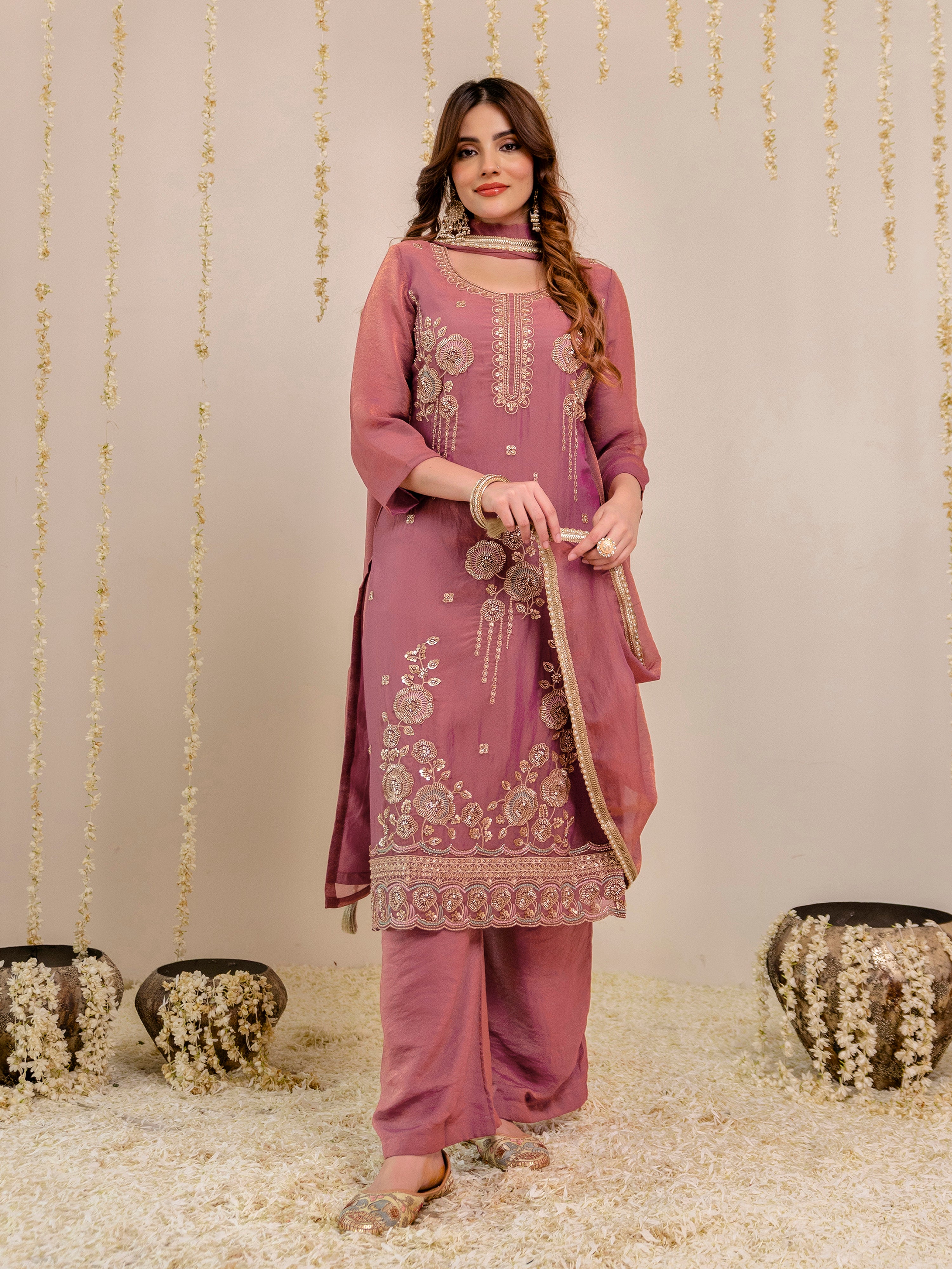 Darkpeach Art Silk Embroidery Moti Work Salwar suit with Dupatta For Women