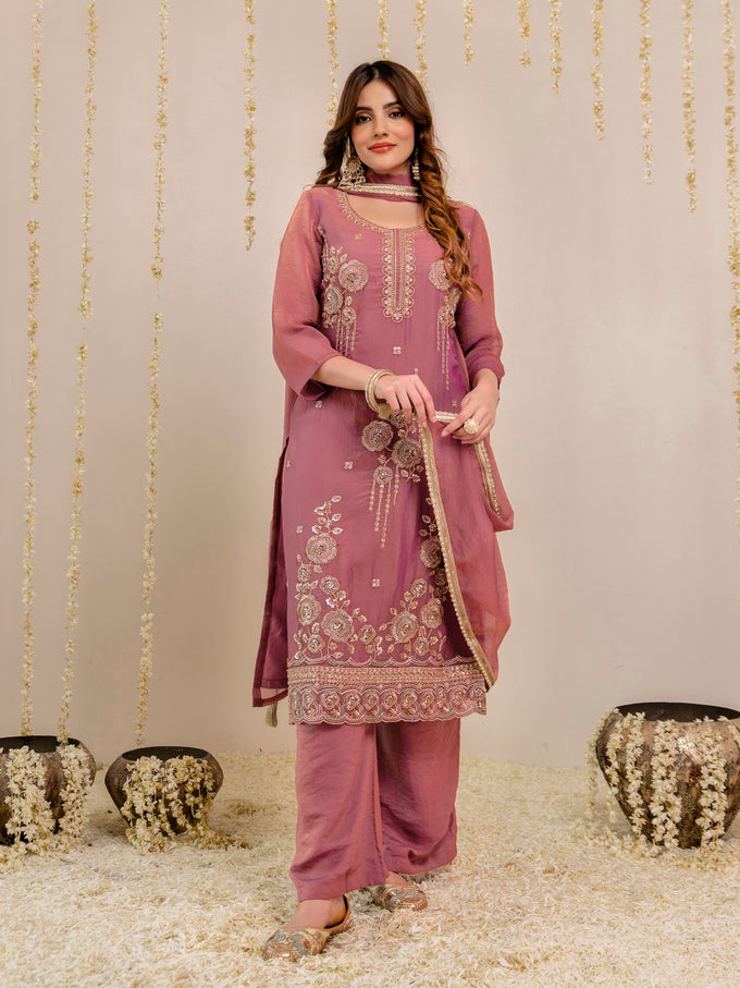 Darkpeach Art Silk Embroidery Moti Work Salwar suit with Dupatta For Women