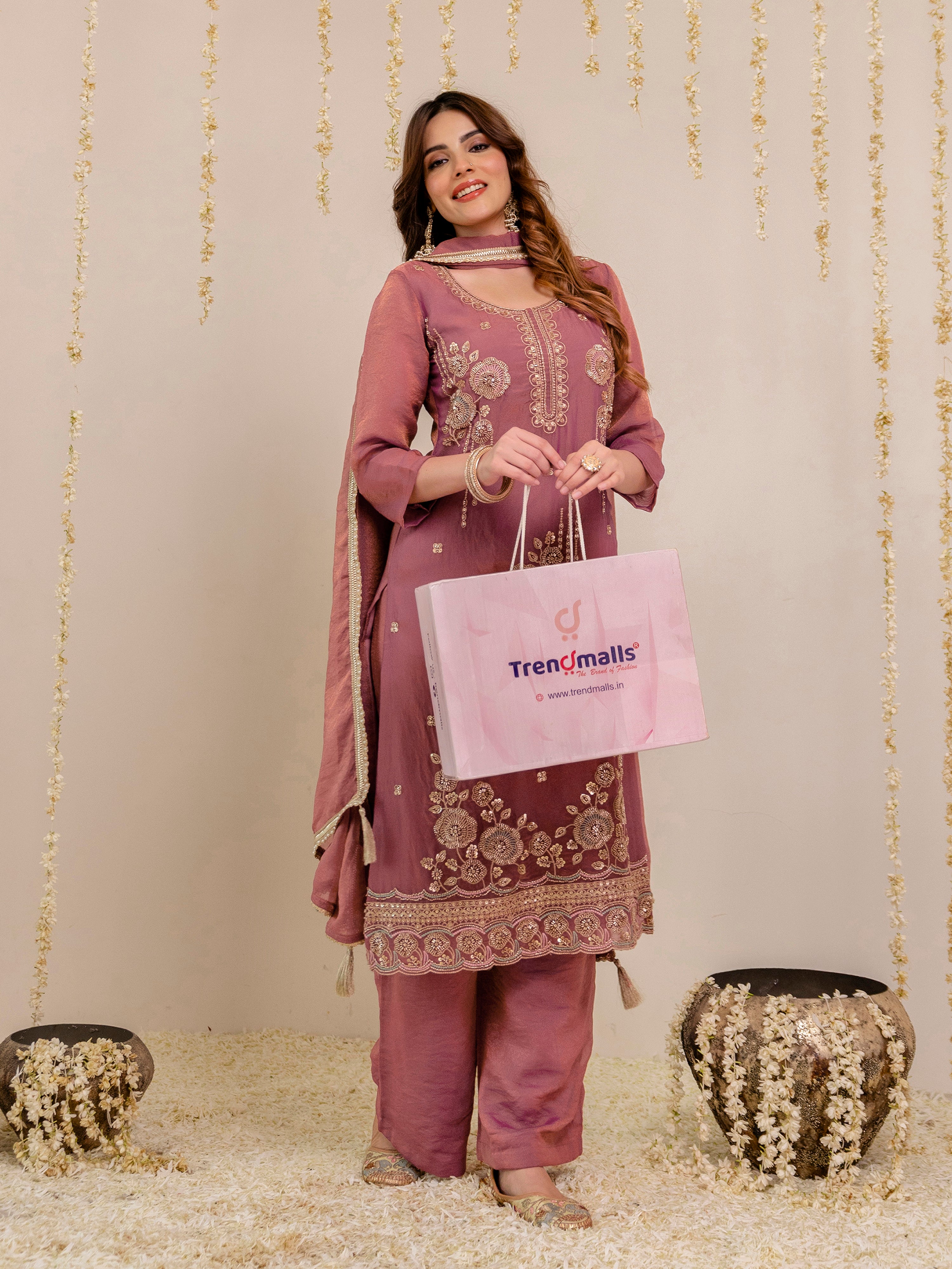 Darkpeach Art Silk Embroidery Moti Work Salwar suit with Dupatta For Women