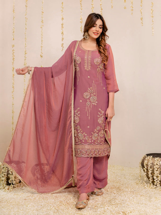 Darkpeach Art Silk Embroidery Moti Work Salwar suit with Dupatta For Women