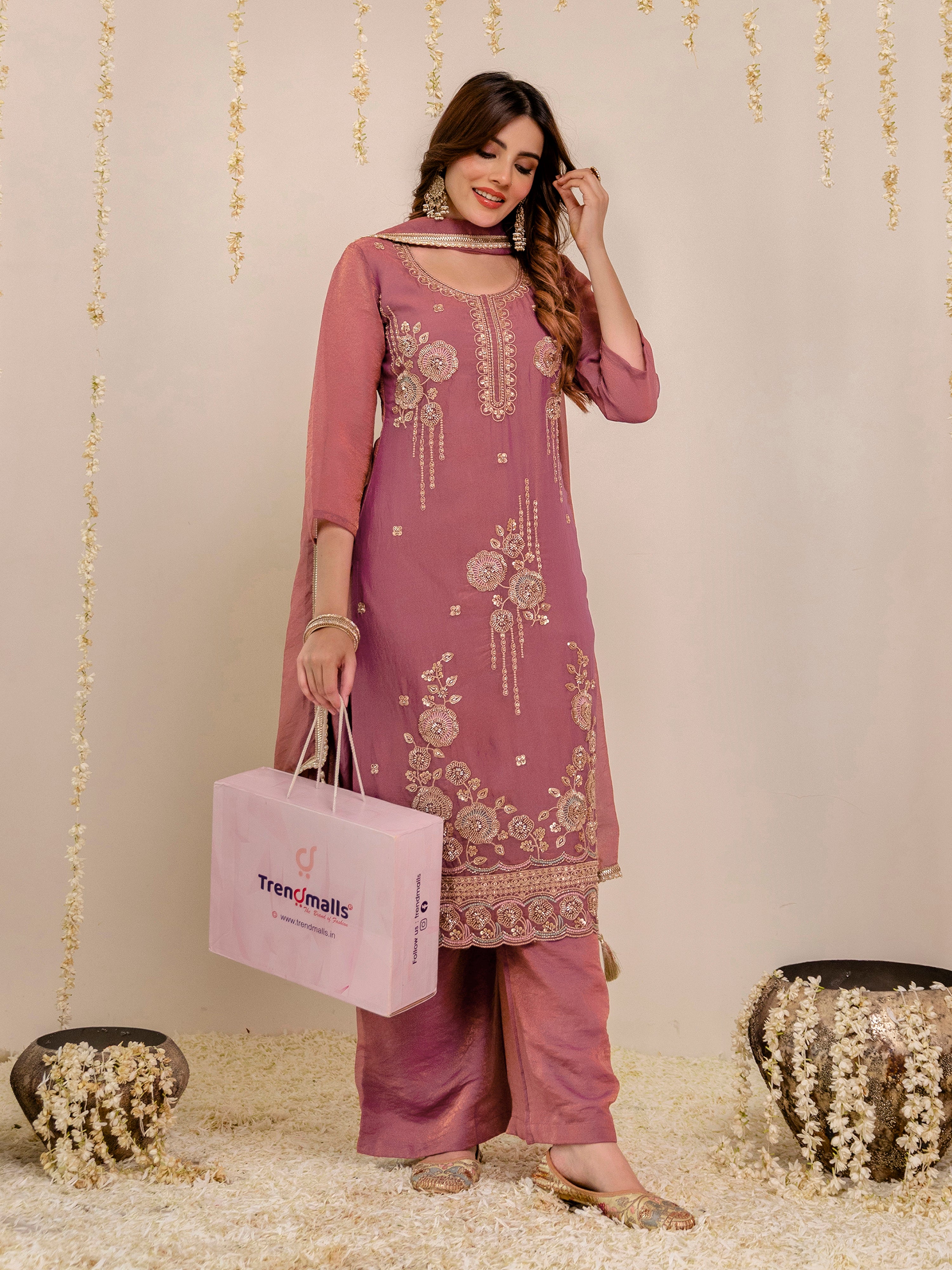 Darkpeach Art Silk Embroidery Moti Work Salwar suit with Dupatta For Women
