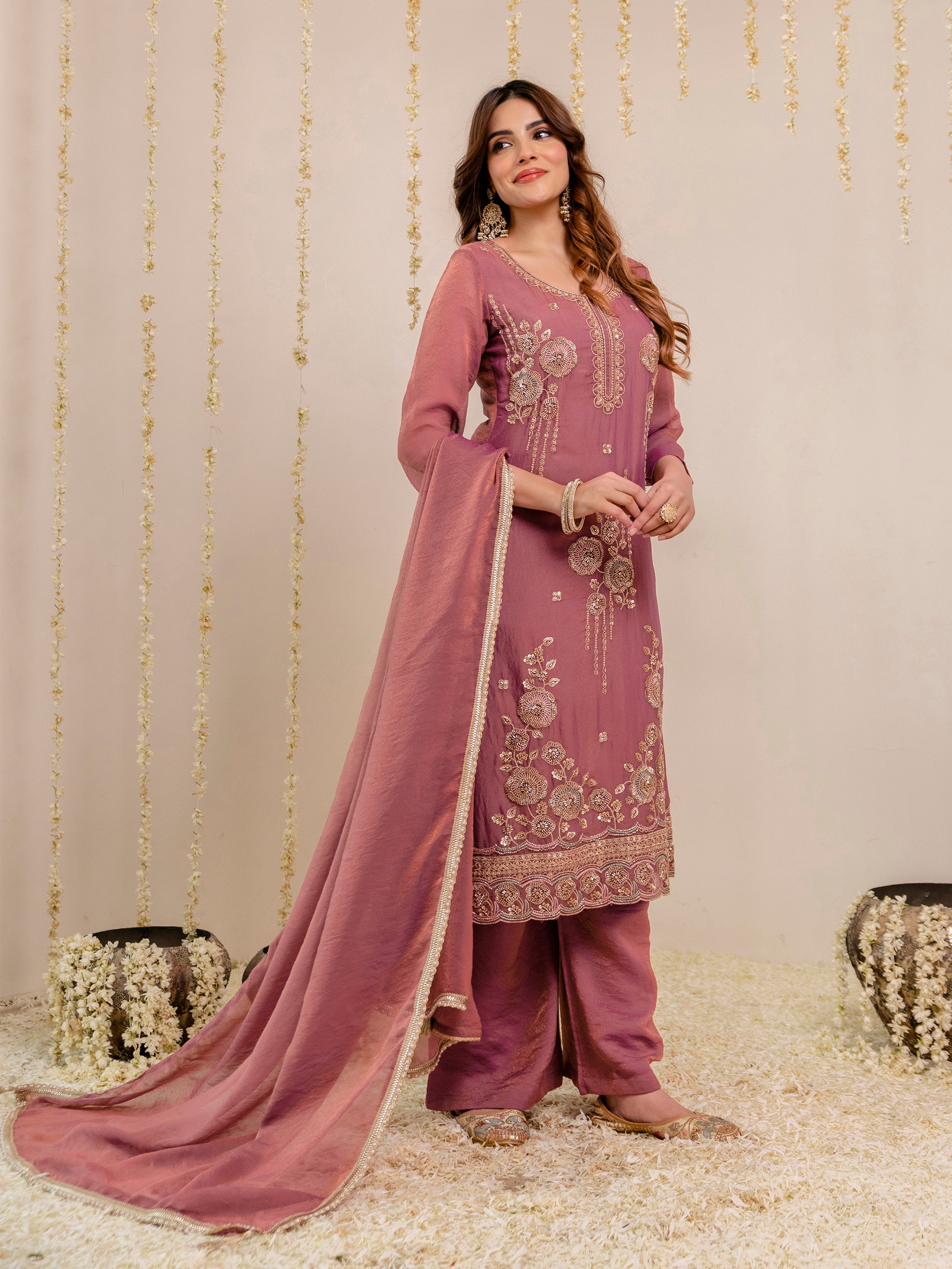 Darkpeach Art Silk Embroidery Moti Work Salwar suit with Dupatta For Women