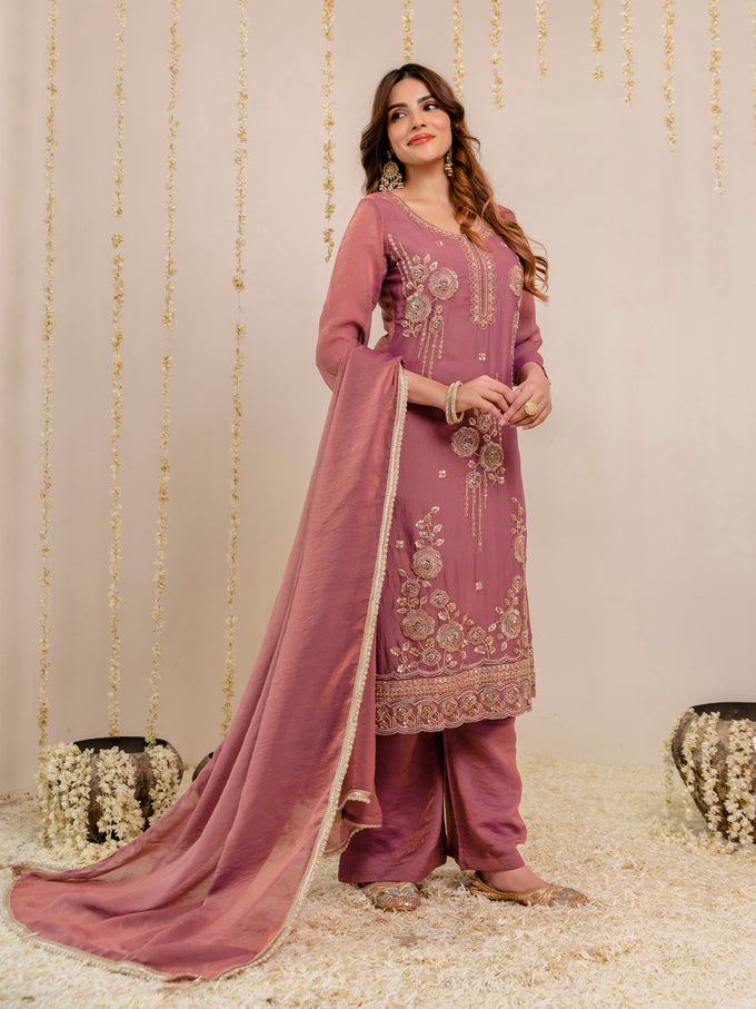 Darkpeach Art Silk Embroidery Moti Work Salwar suit with Dupatta For Women