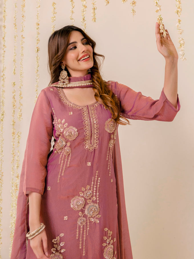 Darkpeach Art Silk Embroidery Moti Work Salwar suit with Dupatta For Women