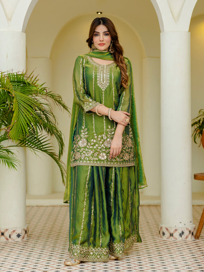 Green Satin Embroidery Moti Work Kurta Pant Set with Dupatta