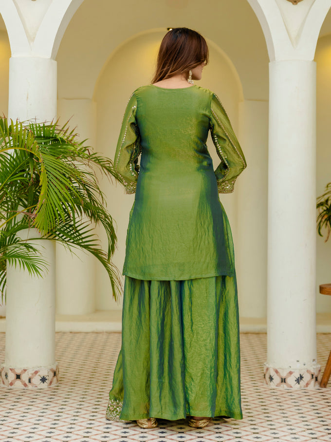 Green Satin Embroidery Moti Work Kurta Pant Set with Dupatta