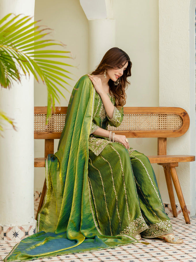 Green Satin Embroidery Moti Work Kurta Pant Set with Dupatta