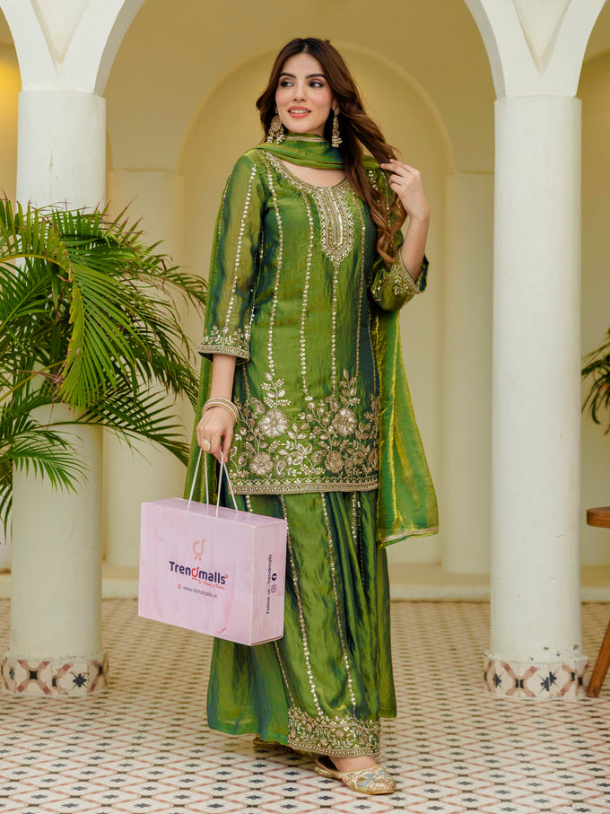 Green Satin Embroidery Moti Work Kurta Pant Set with Dupatta