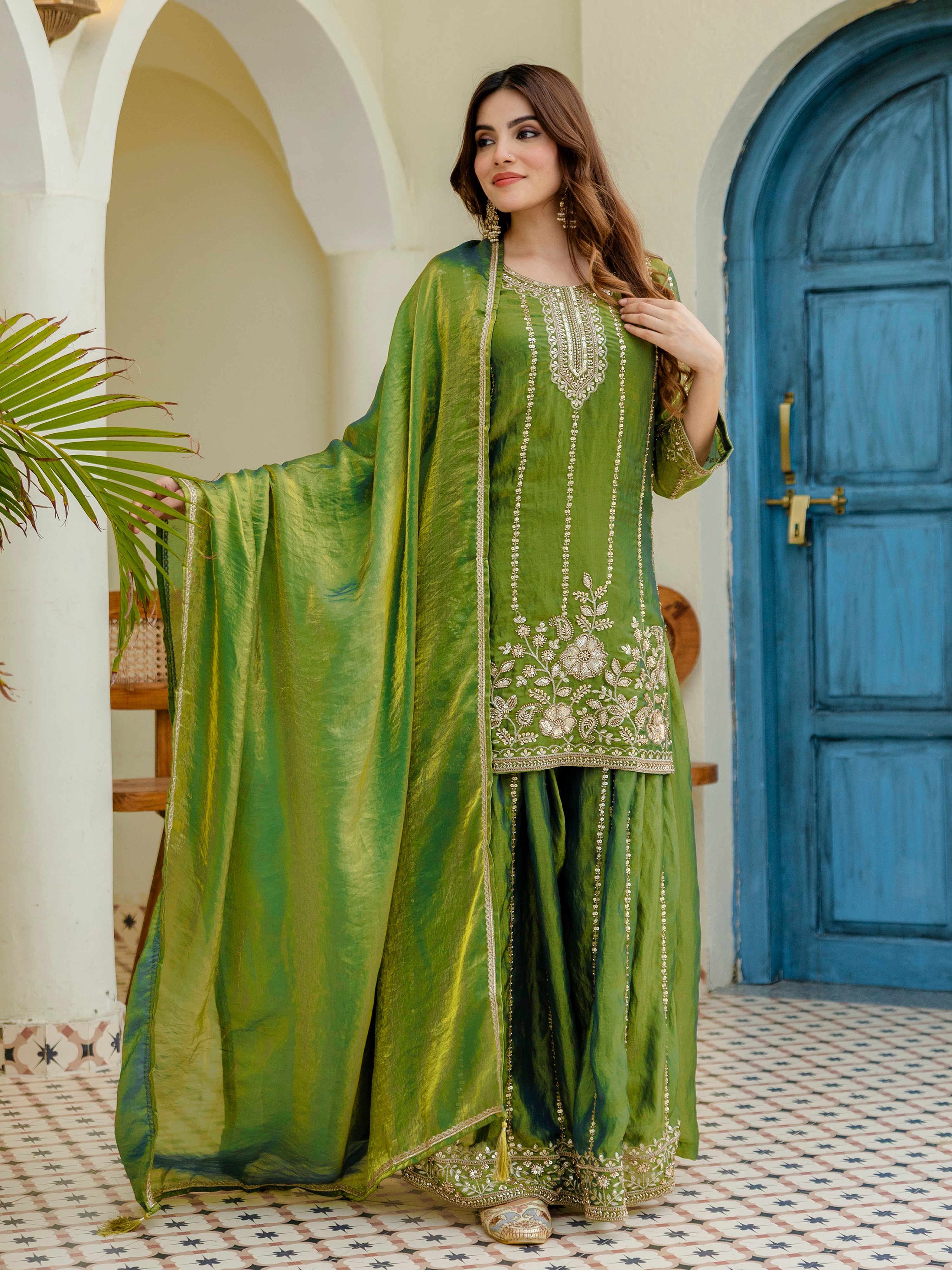 Green Satin Embroidery Moti Work Kurta Pant Set with Dupatta