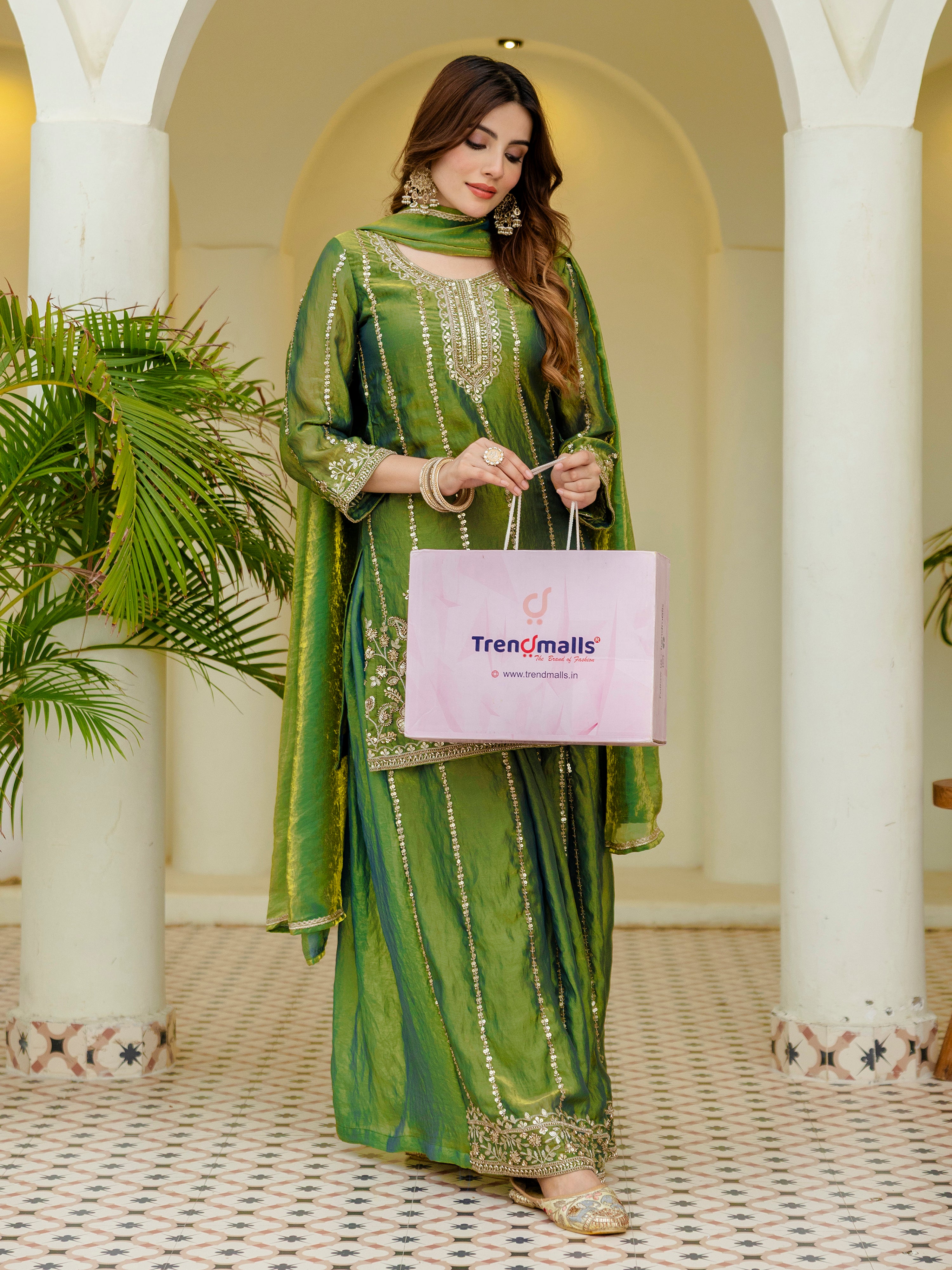Green Satin Embroidery Moti Work Kurta Pant Set with Dupatta