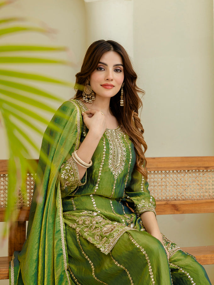 Green Satin Embroidery Moti Work Kurta Pant Set with Dupatta