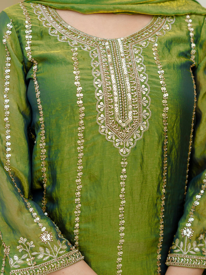 Green Satin Embroidery Moti Work Kurta Pant Set with Dupatta