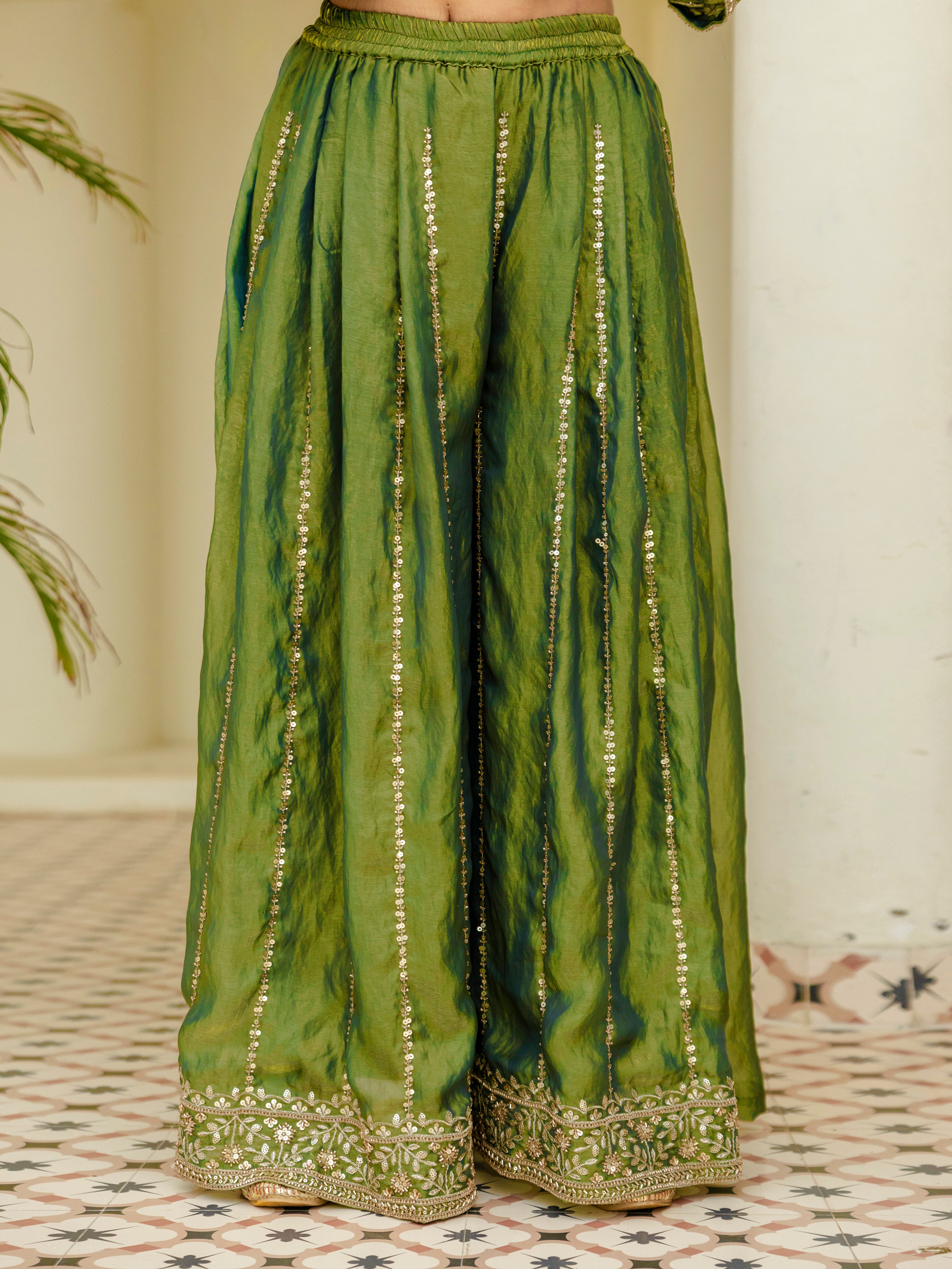 Green Satin Embroidery Moti Work Kurta Pant Set with Dupatta