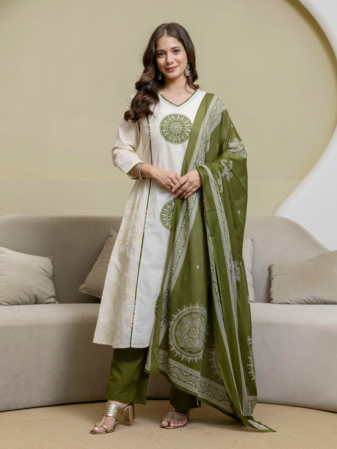 White Cotton Embroidery Salwar Suit With Dupatta