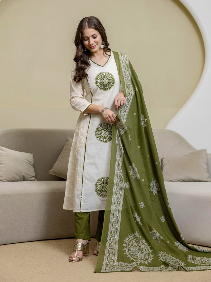 White Cotton Embroidery Salwar Suit With Dupatta