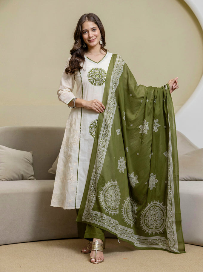 White Cotton Embroidery Salwar Suit With Dupatta