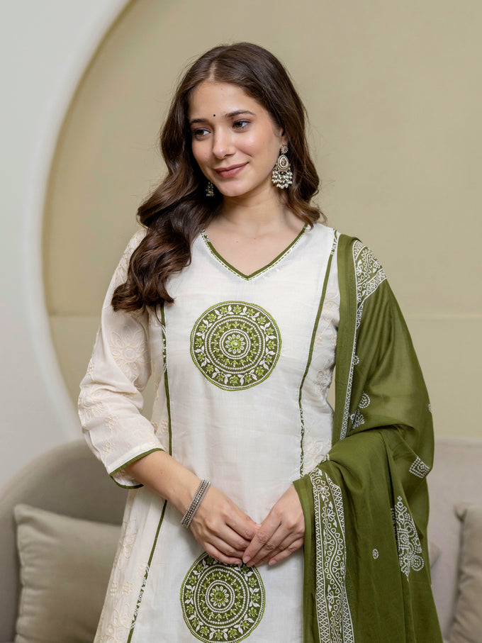 White Cotton Embroidery Salwar Suit With Dupatta
