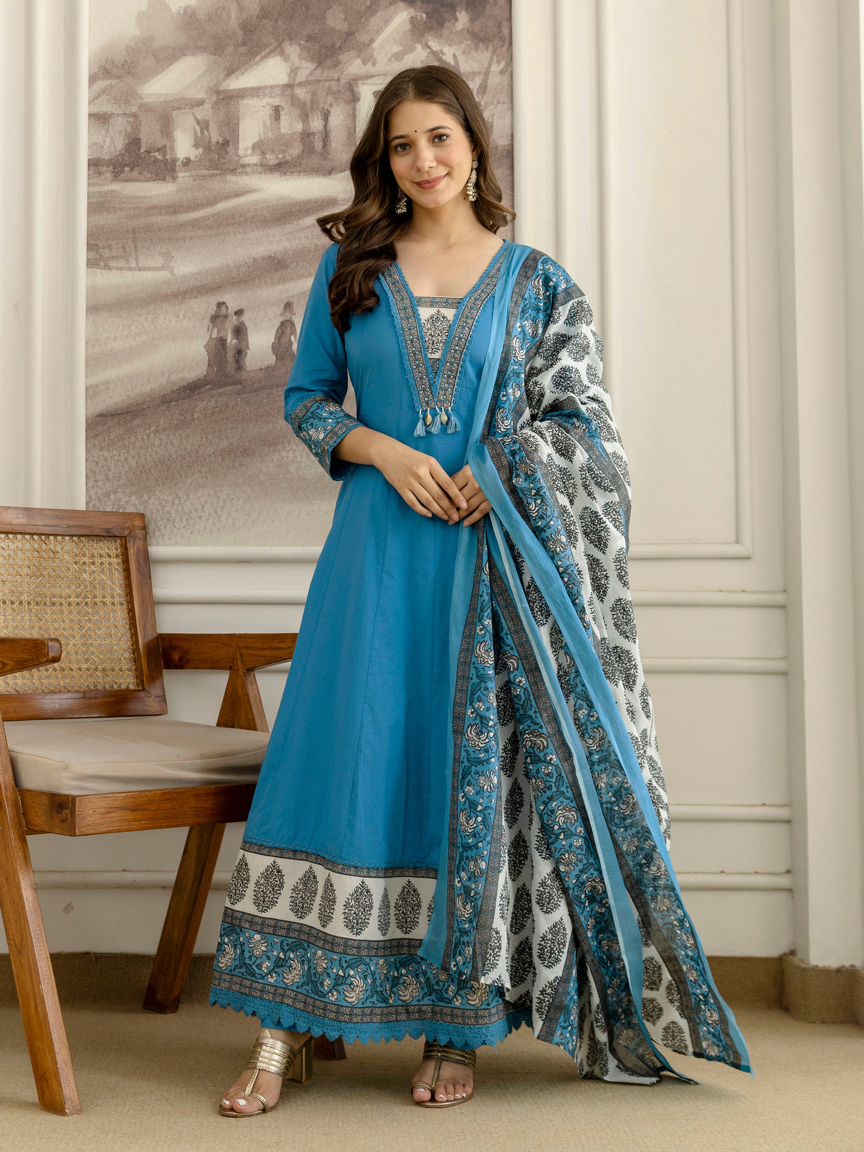 Blue Cotton Embroidery Salwar Suit With Dupatta