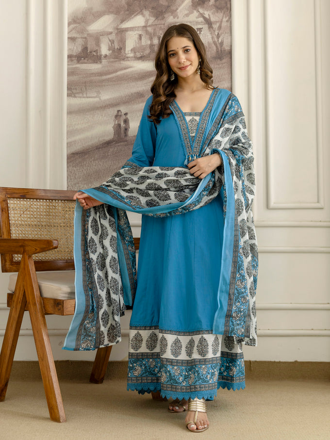 Blue Cotton Embroidery Salwar Suit With Dupatta