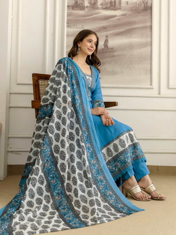 Blue Cotton Embroidery Salwar Suit With Dupatta