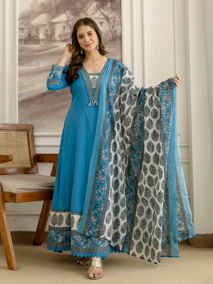 Blue Cotton Embroidery Salwar Suit With Dupatta