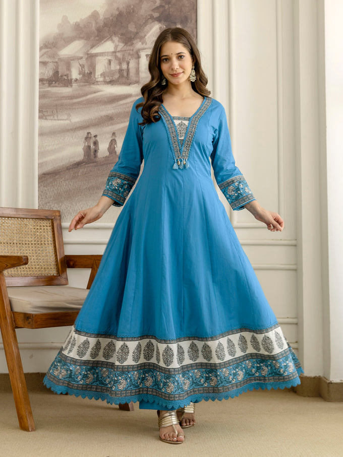 Blue Cotton Embroidery Salwar Suit With Dupatta