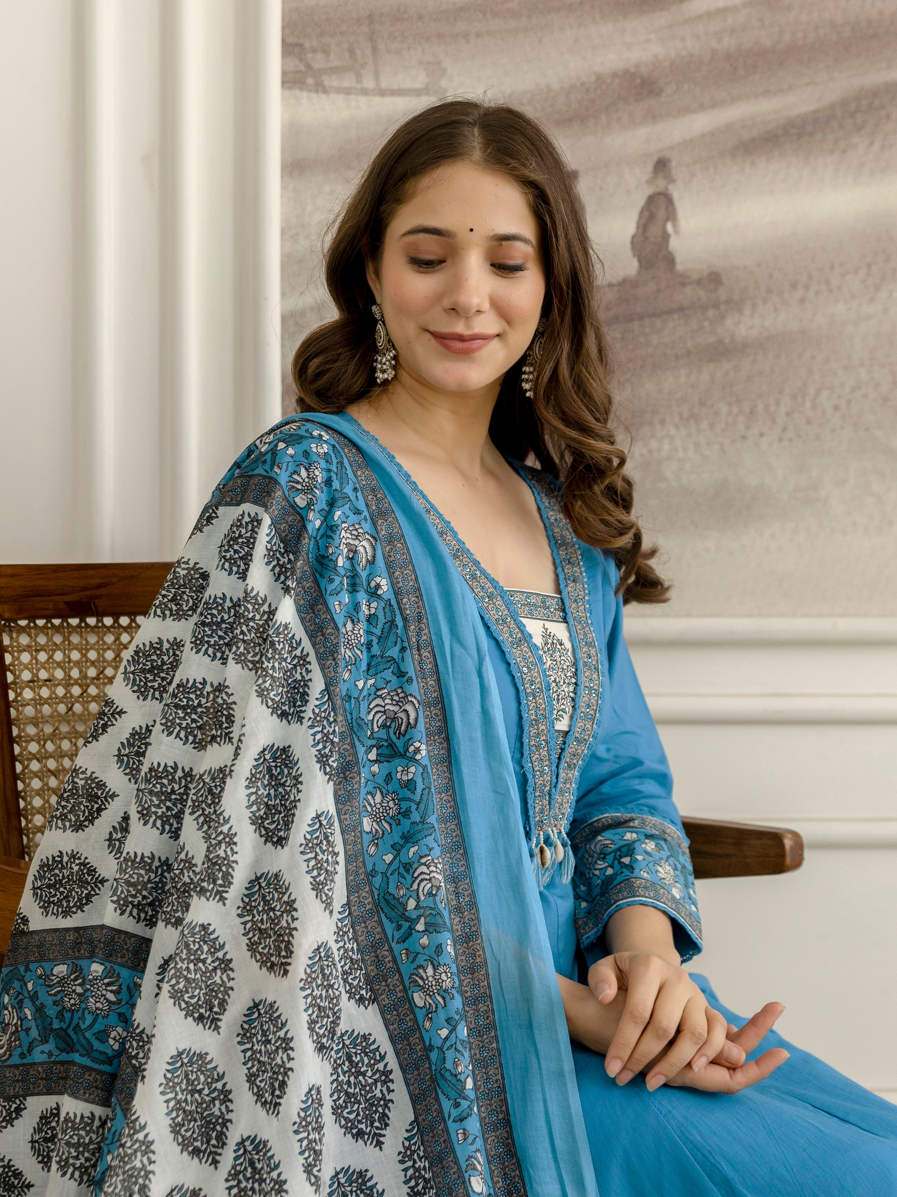 Blue Cotton Embroidery Salwar Suit With Dupatta