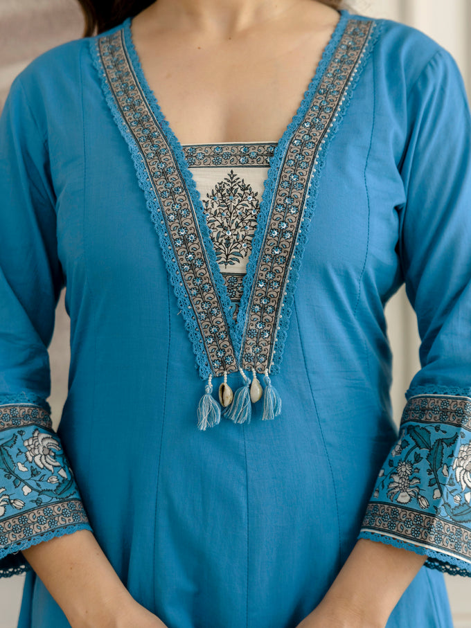 Blue Cotton Embroidery Salwar Suit With Dupatta