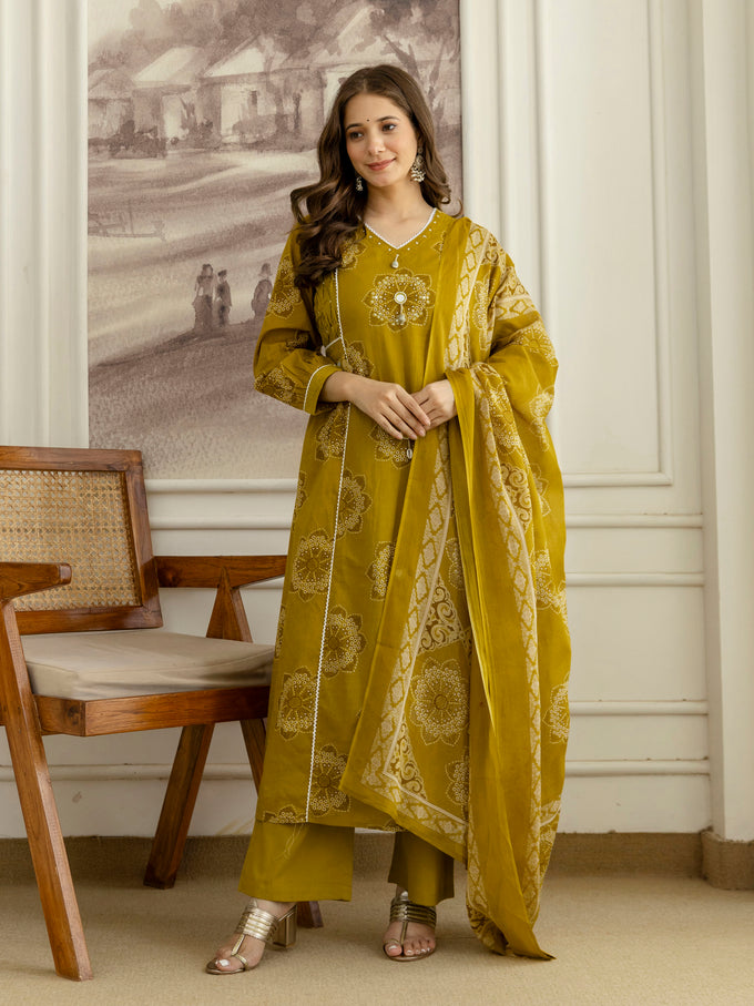 Mustard Cotton Embroidery Salwar Suit With Dupatta
