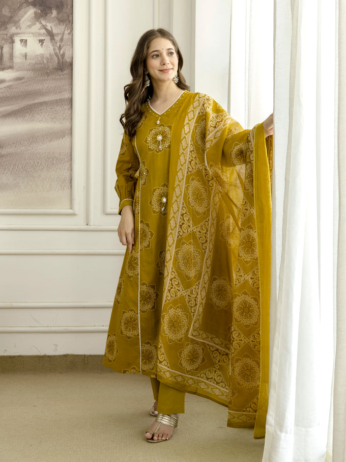 Mustard Cotton Embroidery Salwar Suit With Dupatta