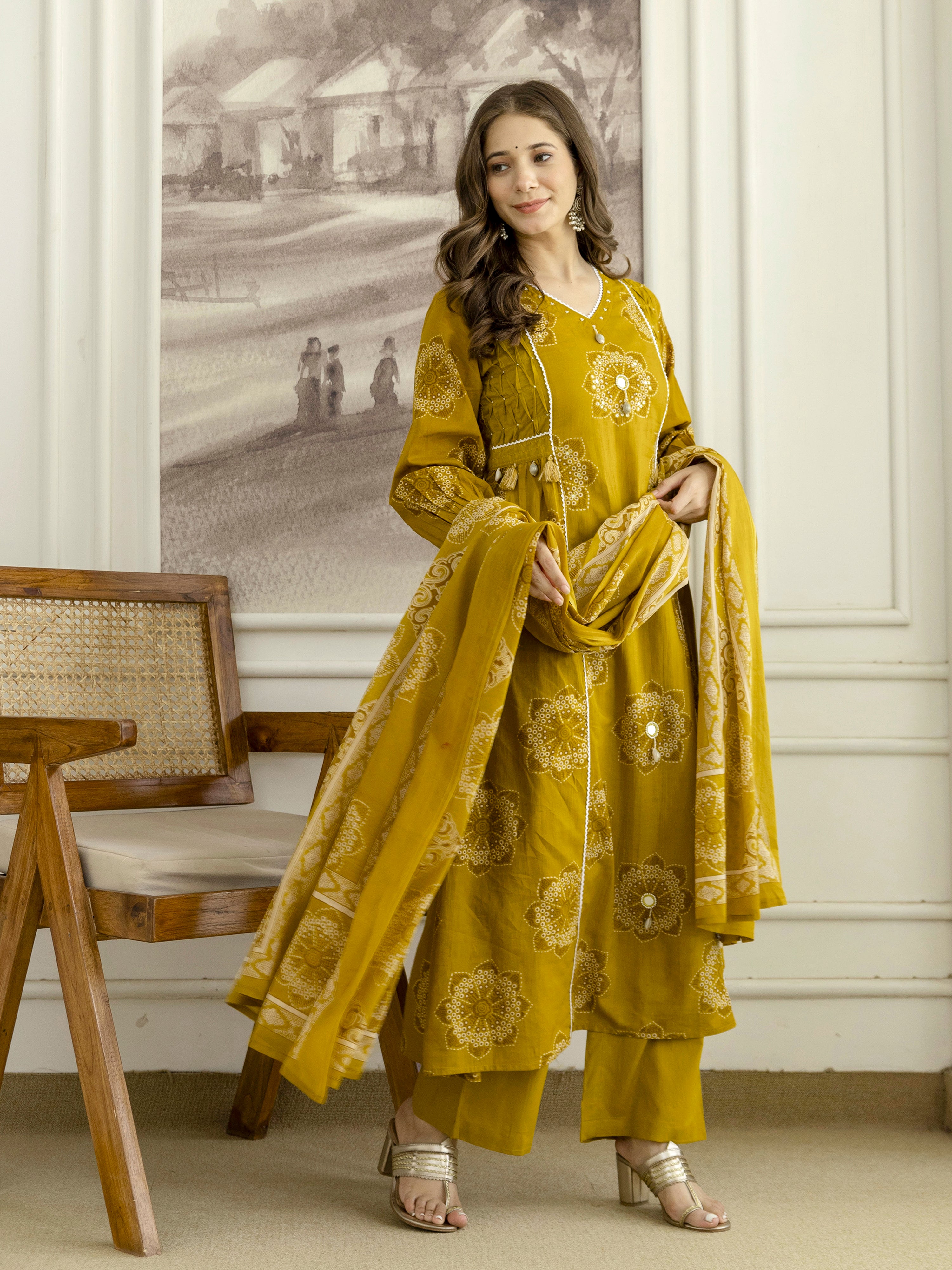 Mustard Cotton Embroidery Salwar Suit With Dupatta