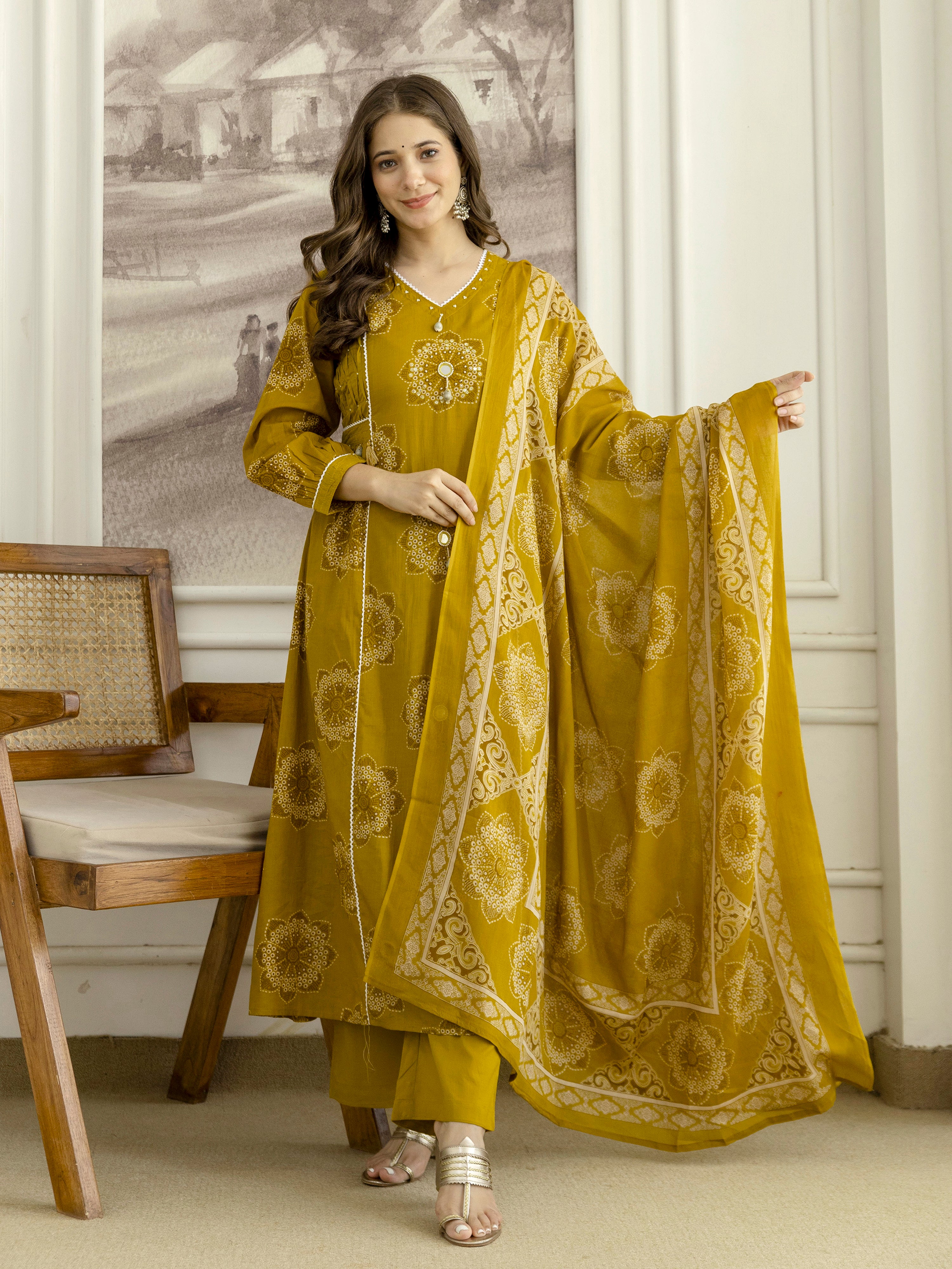 Mustard Cotton Embroidery Salwar Suit With Dupatta