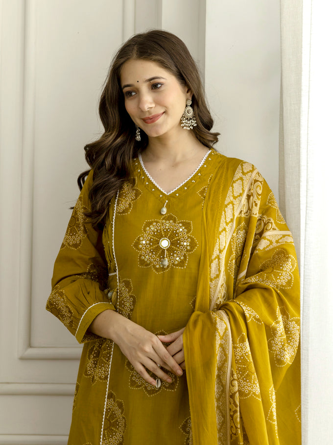 Mustard Cotton Embroidery Salwar Suit With Dupatta