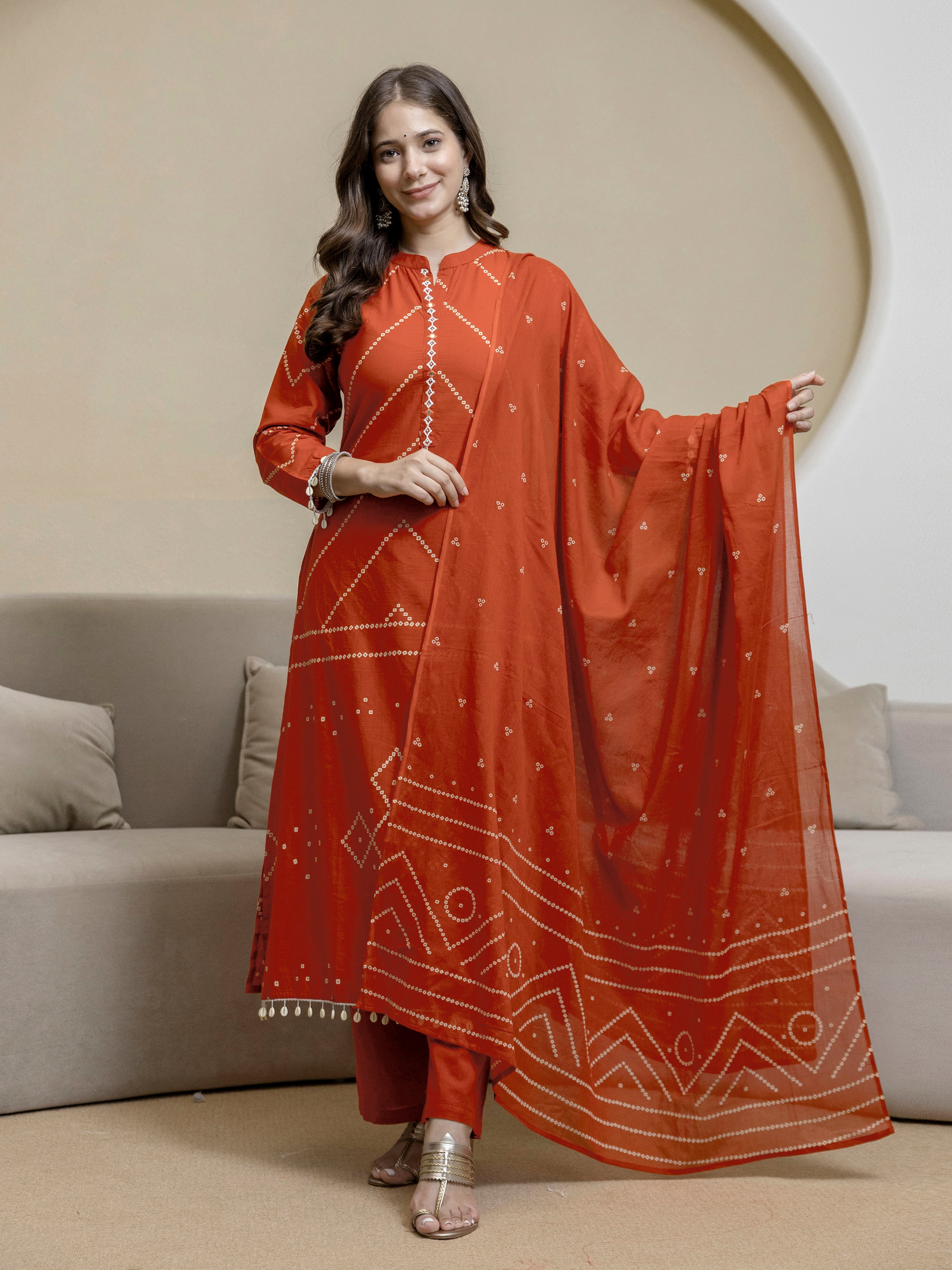 Orange Cotton Embroidery Salwar Suit With Dupatta
