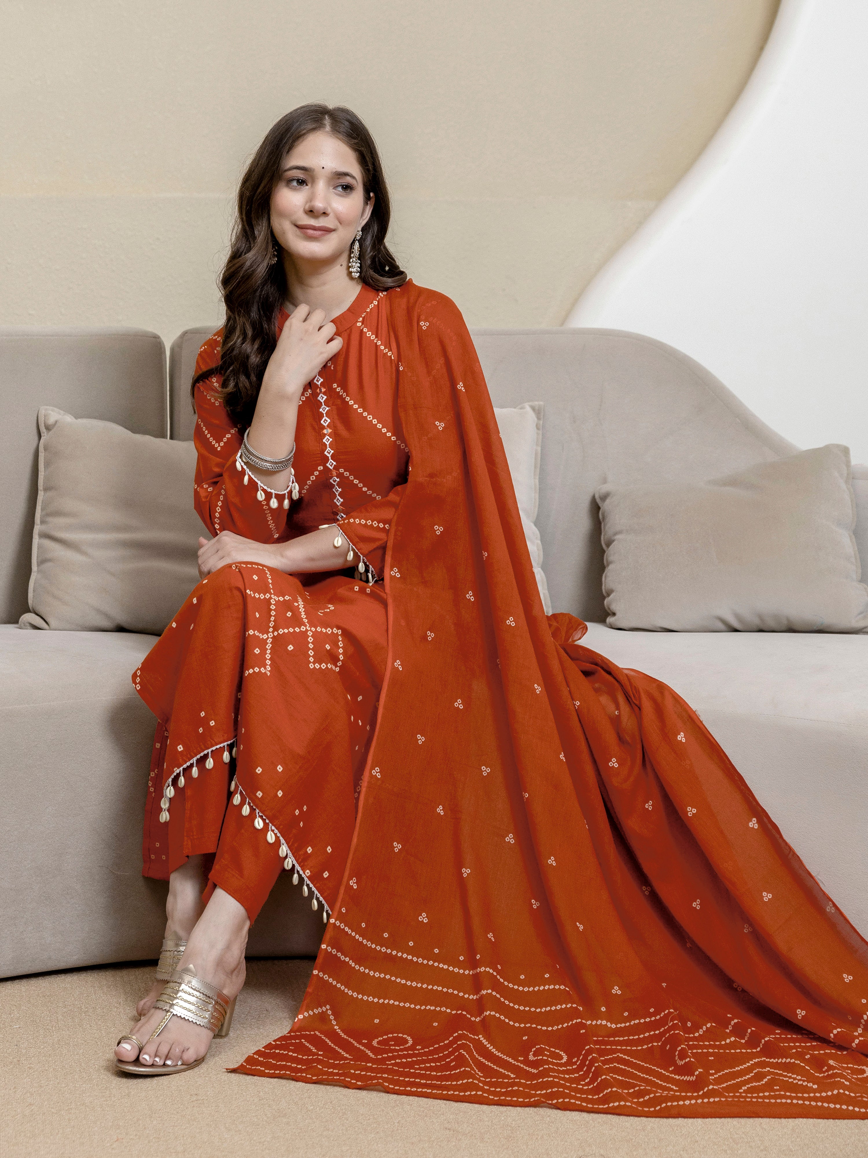 Orange Cotton Embroidery Salwar Suit With Dupatta