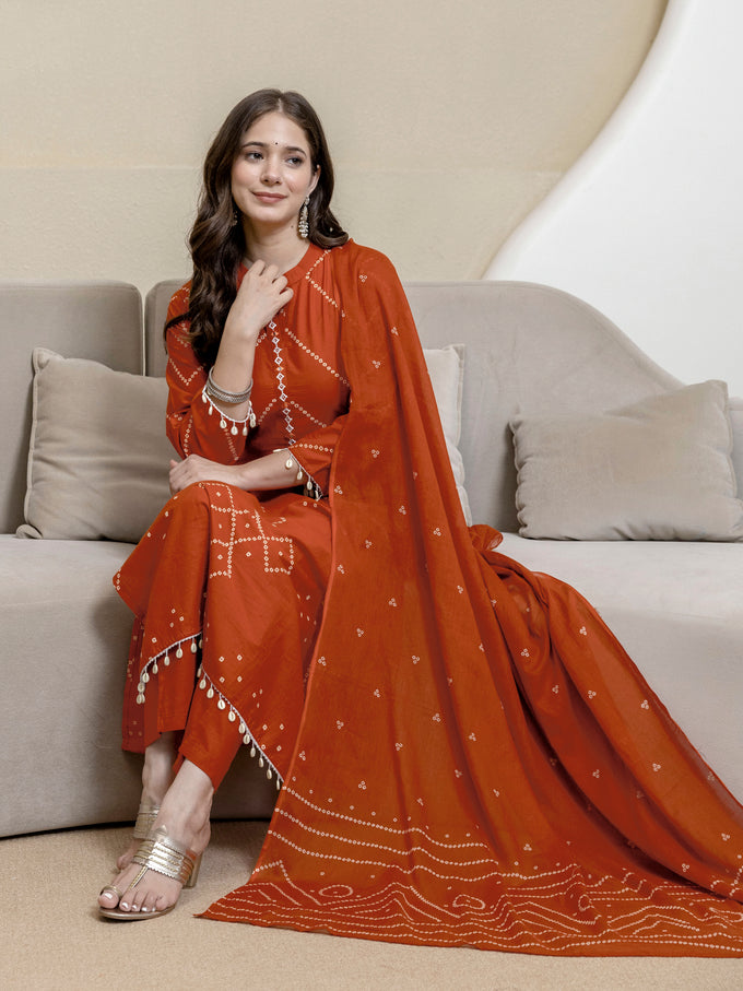 Orange Cotton Embroidery Salwar Suit With Dupatta