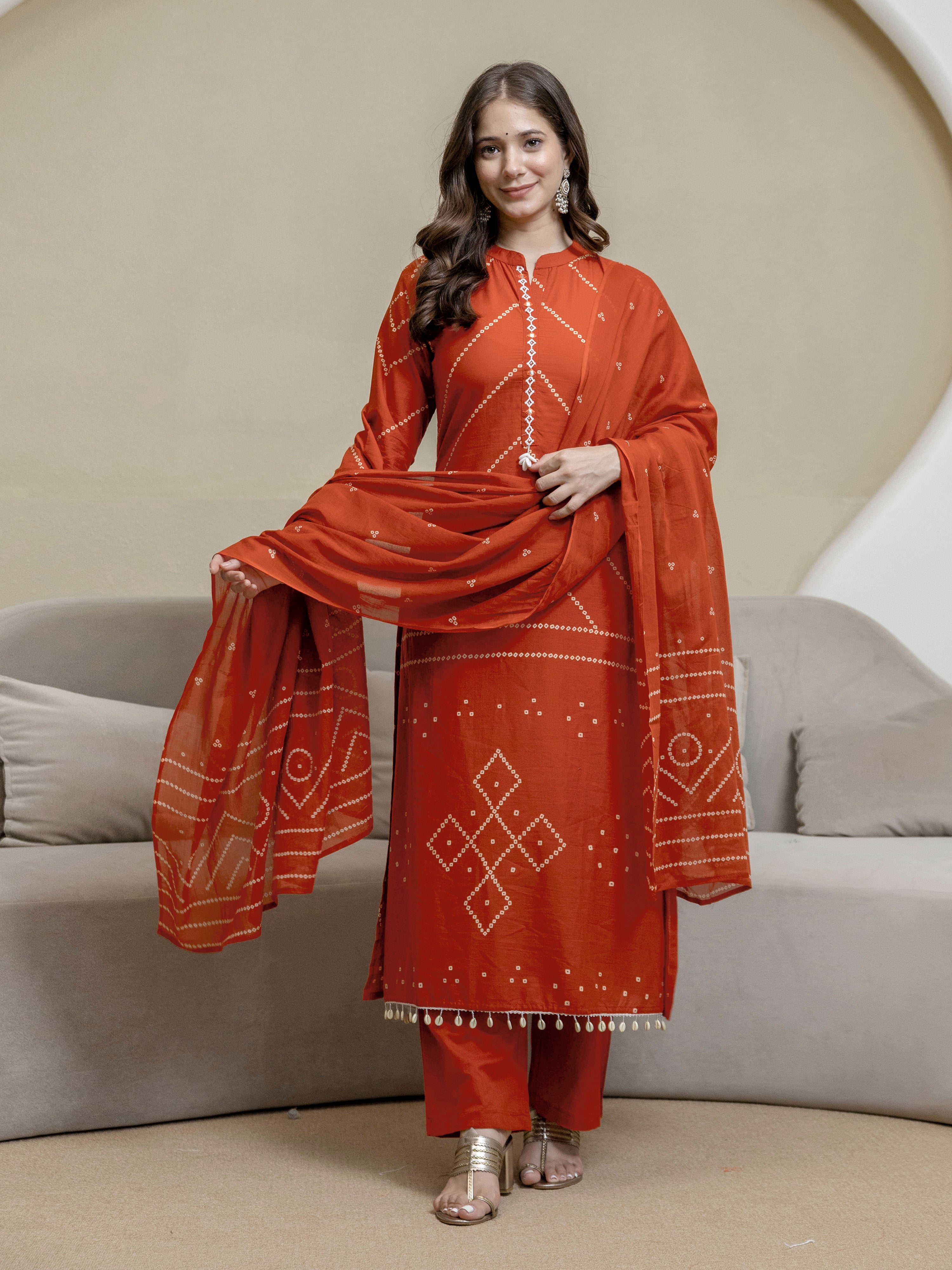 Orange Cotton Embroidery Salwar Suit With Dupatta
