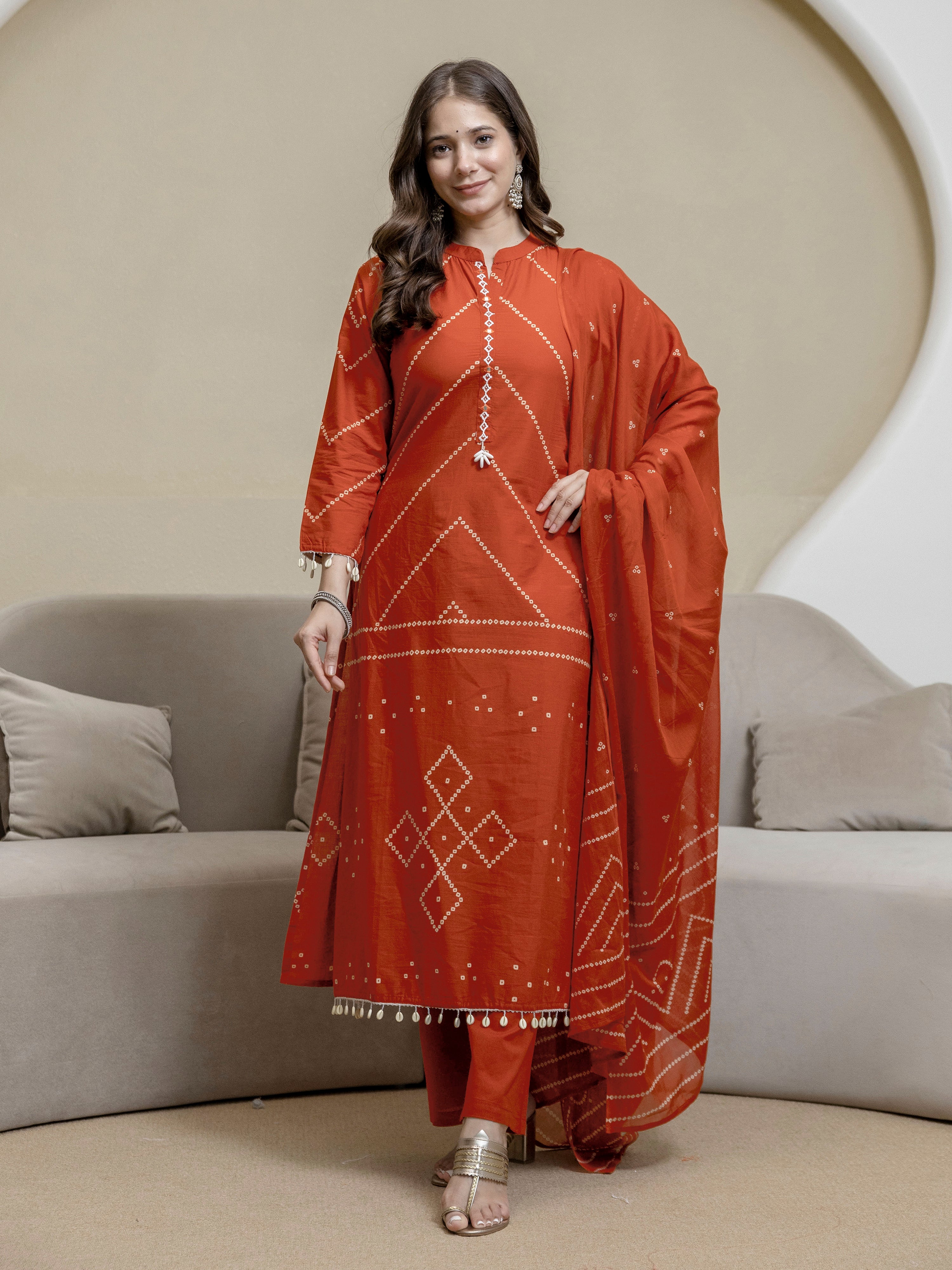 Orange Cotton Embroidery Salwar Suit With Dupatta