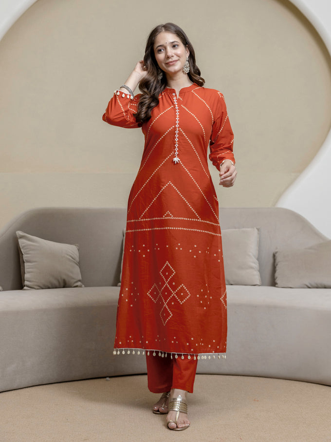 Orange Cotton Embroidery Salwar Suit With Dupatta